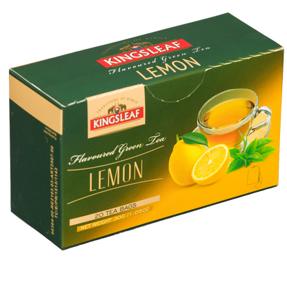 Zielona herbata Kingsleaf Lemon w torebkach, opakowanie pokazane pod katem z ilustracja filiżanki i swiezych cytryn.