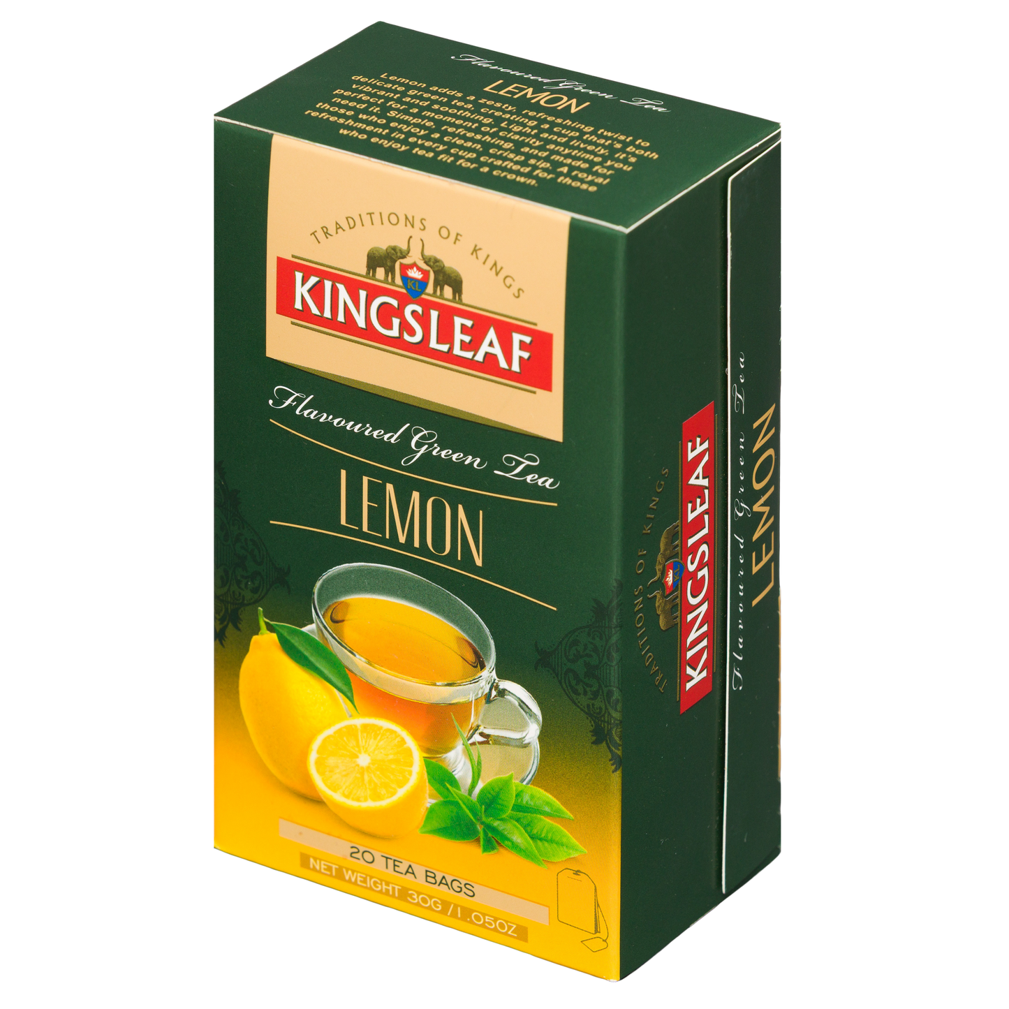 Kingsleaf Lemon flavoured green tea, boczny widok opakowania z cytrynowa zielona herbata w torebkach.