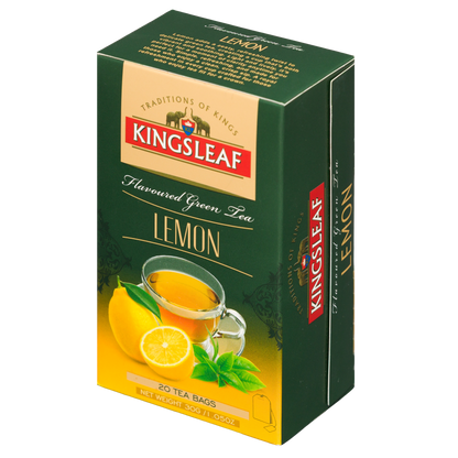 Kingsleaf Lemon flavoured green tea, boczny widok opakowania z cytrynowa zielona herbata w torebkach.