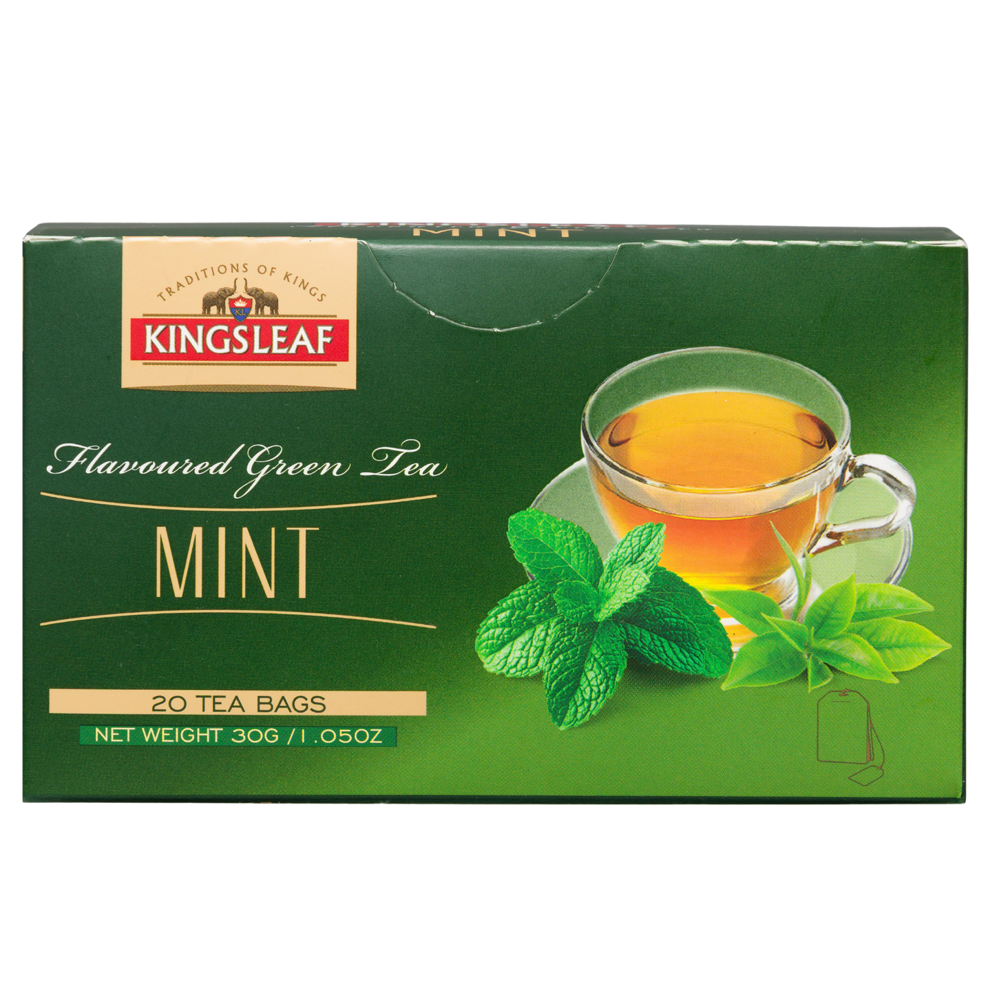 Zbliżenie na opakowanie Kingsleaf Mint z filiżanką naparu i liśćmi mięty.
