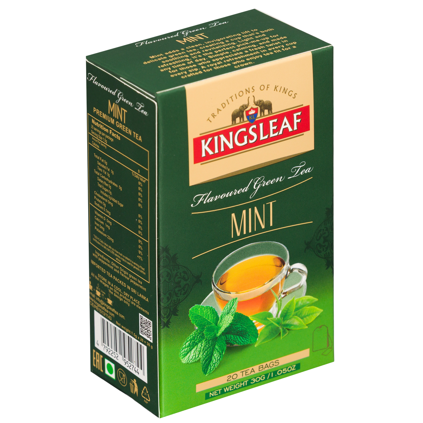 Herbata Kingsleaf Mint w kartoniku, widok na przód i tył opakowania z informacjami o produkcie.