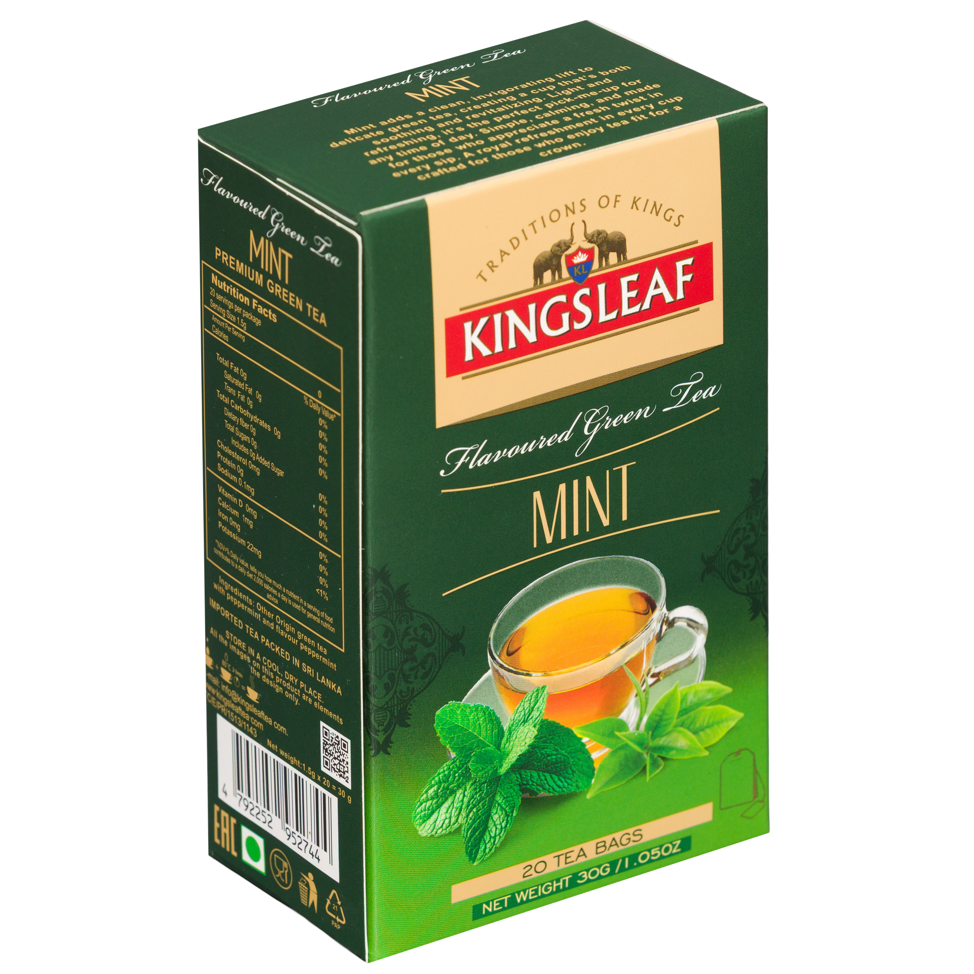 Herbata Kingsleaf Mint w kartoniku, widok na przód i tył opakowania z informacjami o produkcie.