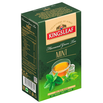 Herbata Kingsleaf Mint w kartoniku, widok na przód i tył opakowania z informacjami o produkcie.