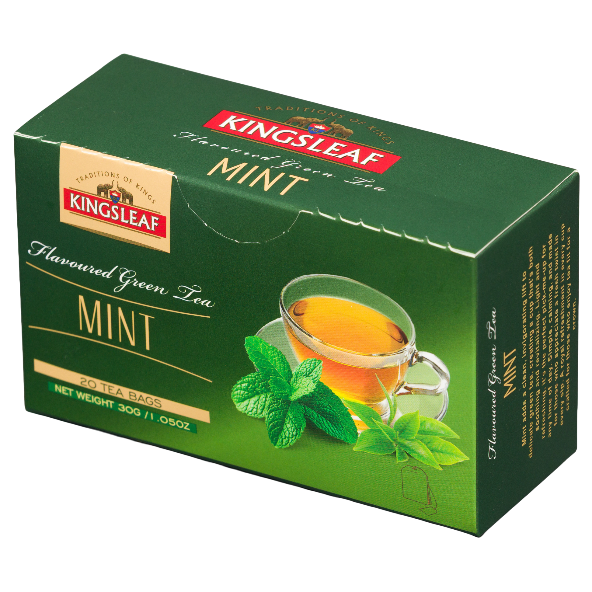 Herbata zielona Kingsleaf Mint w zielonym opakowaniu z grafiką filiżanki herbaty i świeżej mięty.