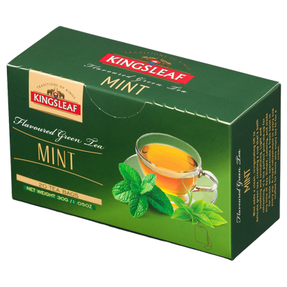 Herbata zielona Kingsleaf Mint w zielonym opakowaniu z grafiką filiżanki herbaty i świeżej mięty.