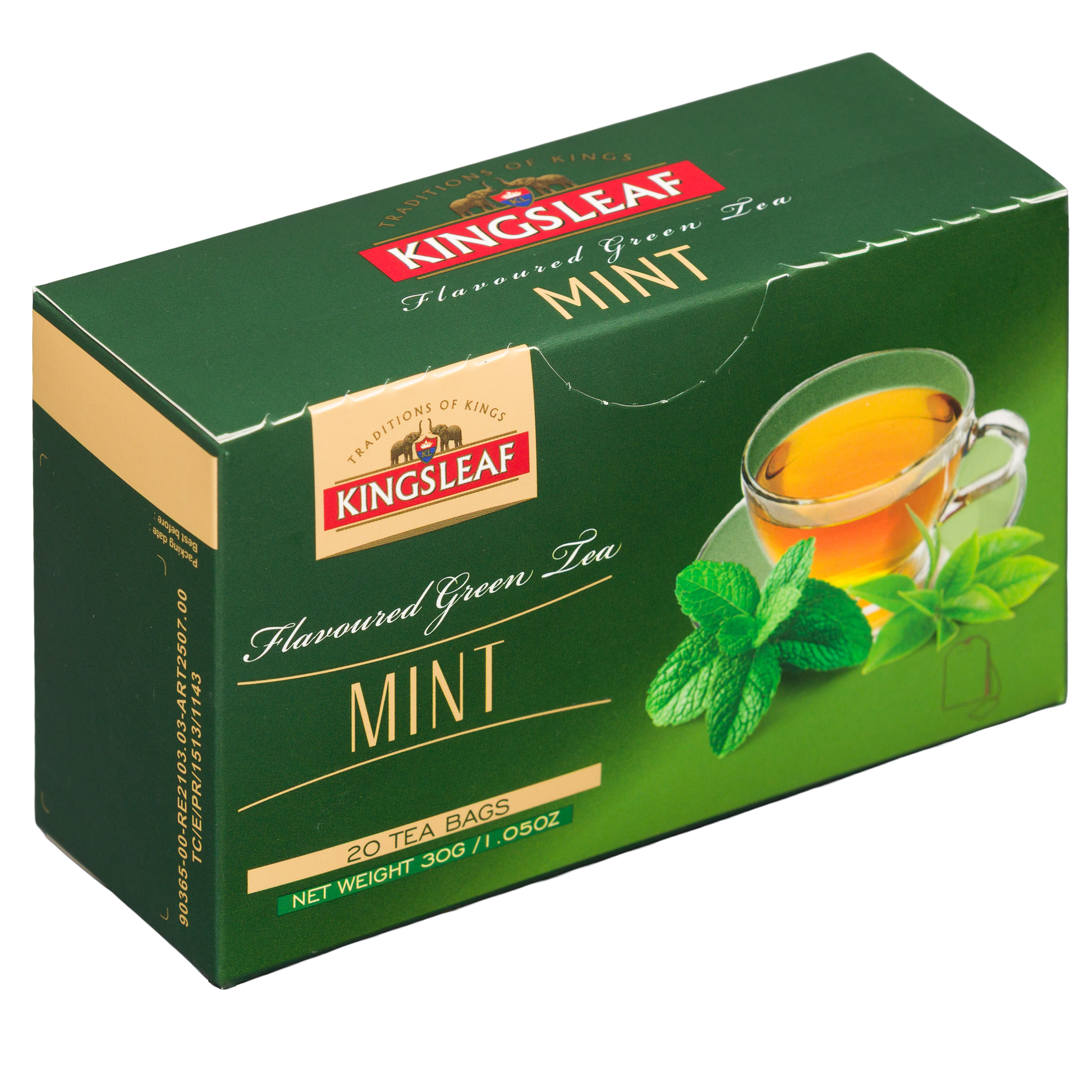 Kingsleaf Mint zielona herbata z miętą pieprzową w torebkach, opakowanie widoczne pod kątem.