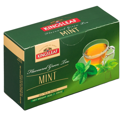 Kingsleaf Mint zielona herbata z miętą pieprzową w torebkach, opakowanie widoczne pod kątem.