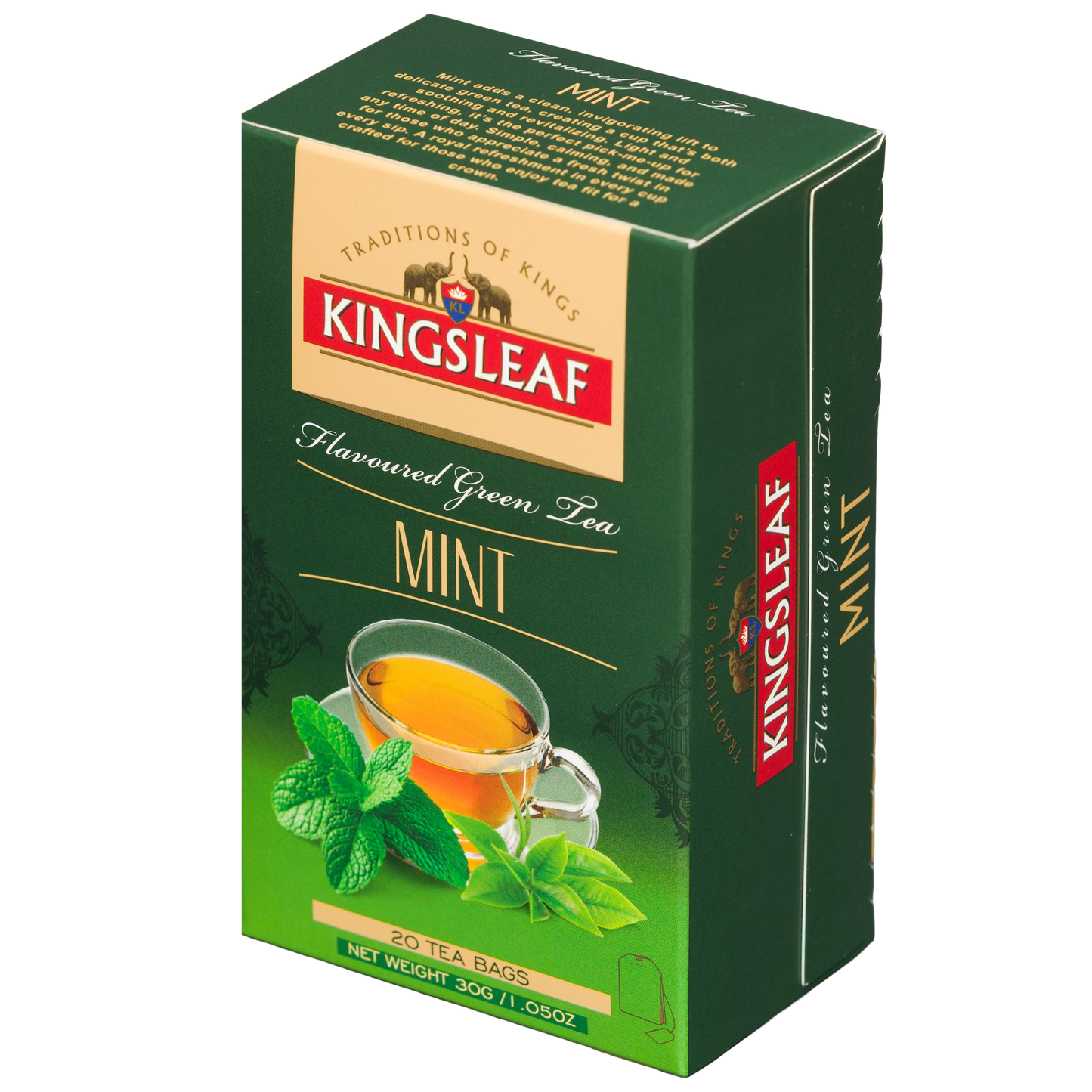 Opakowanie herbaty Kingsleaf Mint z przodu i boku, zielona herbata aromatyzowana miętą.