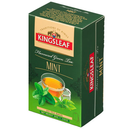 Opakowanie herbaty Kingsleaf Mint z przodu i boku, zielona herbata aromatyzowana miętą.