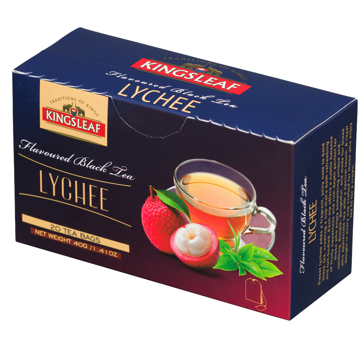 Herbata czarna Kingsleaf Lychee 20 x 2 g w granatowo bordowym opakowaniu z grafiką liczi i filiżanki herbaty.