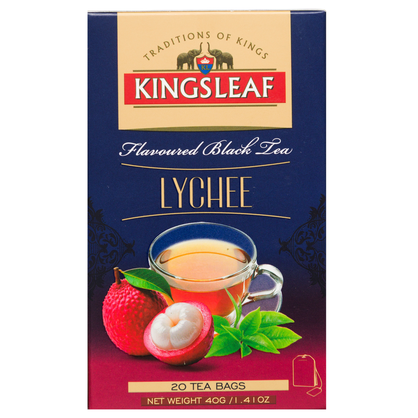 Kingsleaf Lychee czarna herbata w saszetkach z aromatem liczi, widok opakowania z przodu.