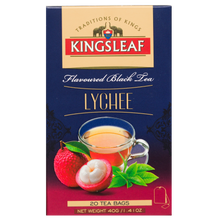 Kingsleaf Lychee czarna herbata w saszetkach z aromatem liczi, widok opakowania z przodu.