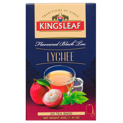Kingsleaf Lychee czarna herbata w saszetkach z aromatem liczi, widok opakowania z przodu.
