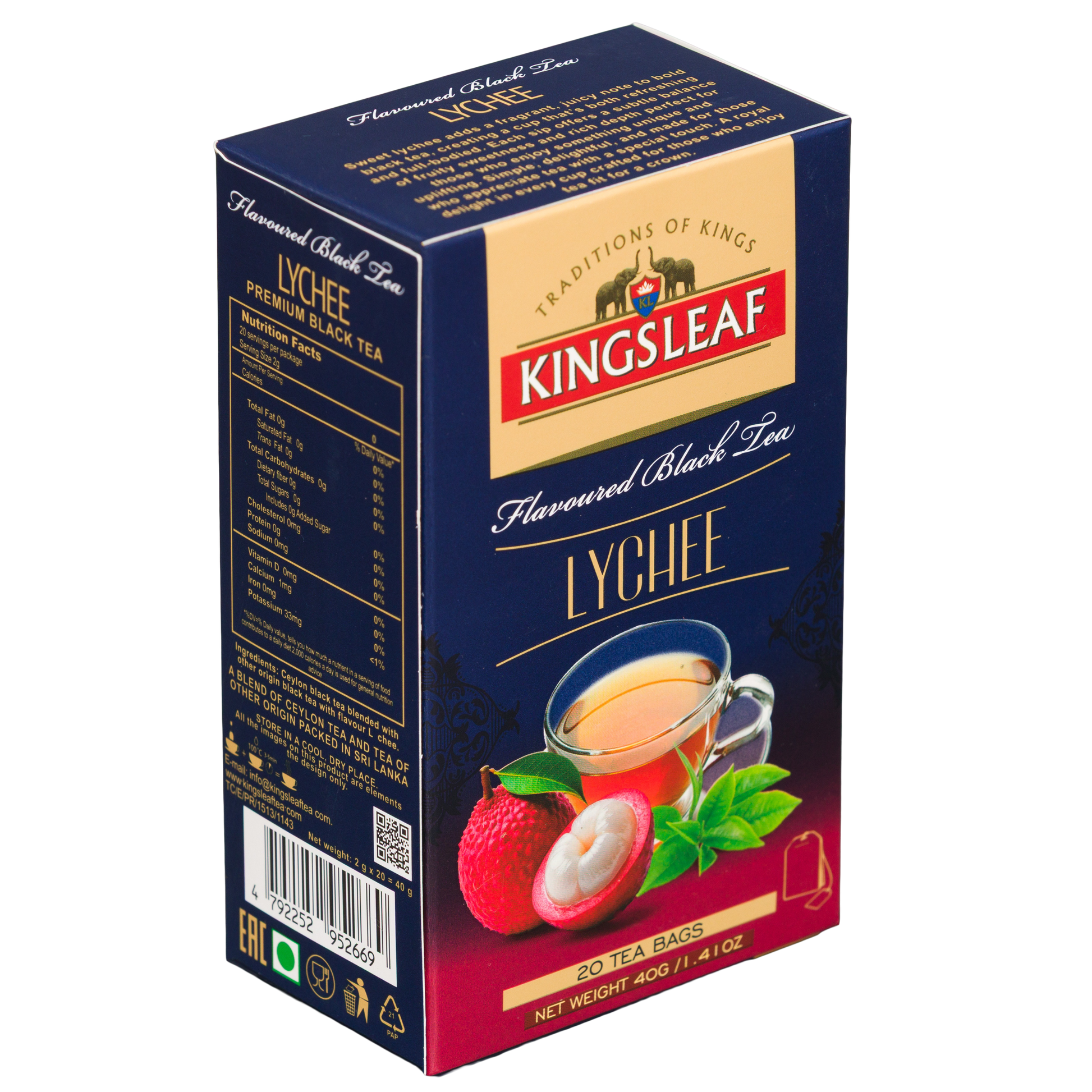 Kingsleaf Lychee herbata czarna aromatyzowana liczi, widok boczny opakowania z logo marki.