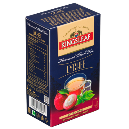 Kingsleaf Lychee herbata czarna aromatyzowana liczi, widok boczny opakowania z logo marki.
