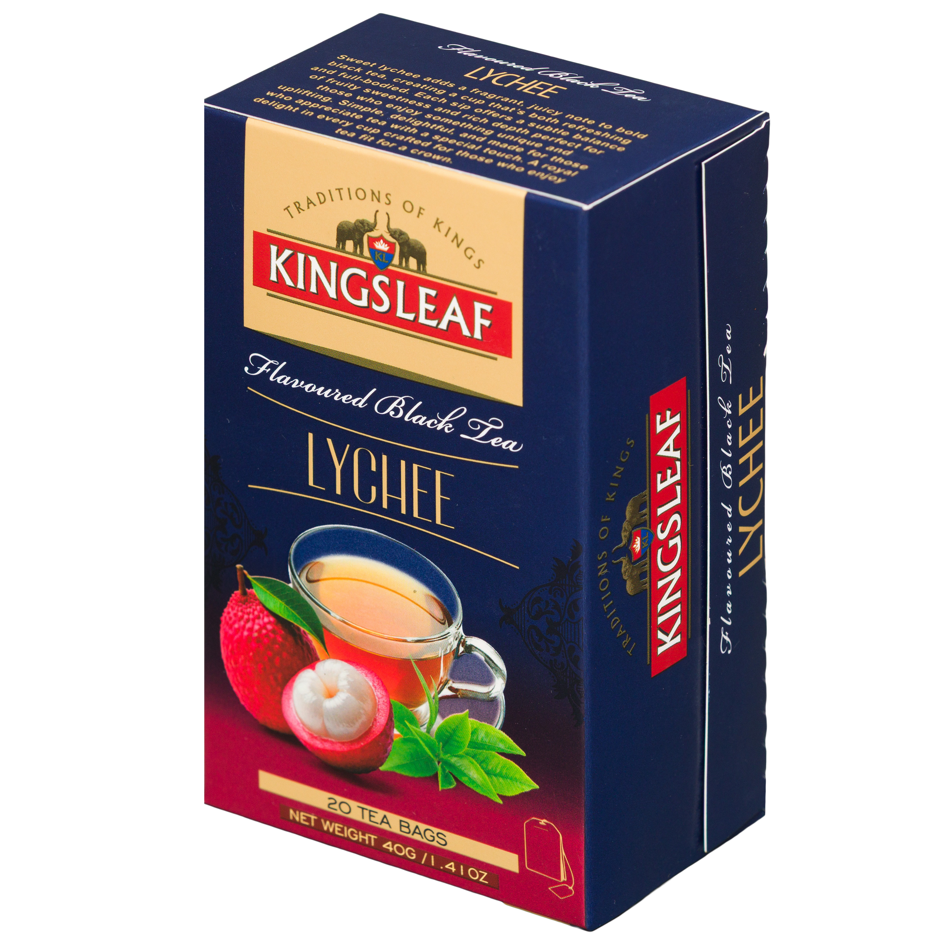 Herbata Kingsleaf Lychee w saszetkach, opakowanie z informacjami produktowymi i grafiką owoców liczi.