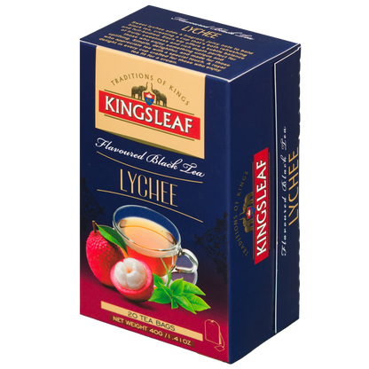 Herbata Kingsleaf Lychee w saszetkach, opakowanie z informacjami produktowymi i grafiką owoców liczi.