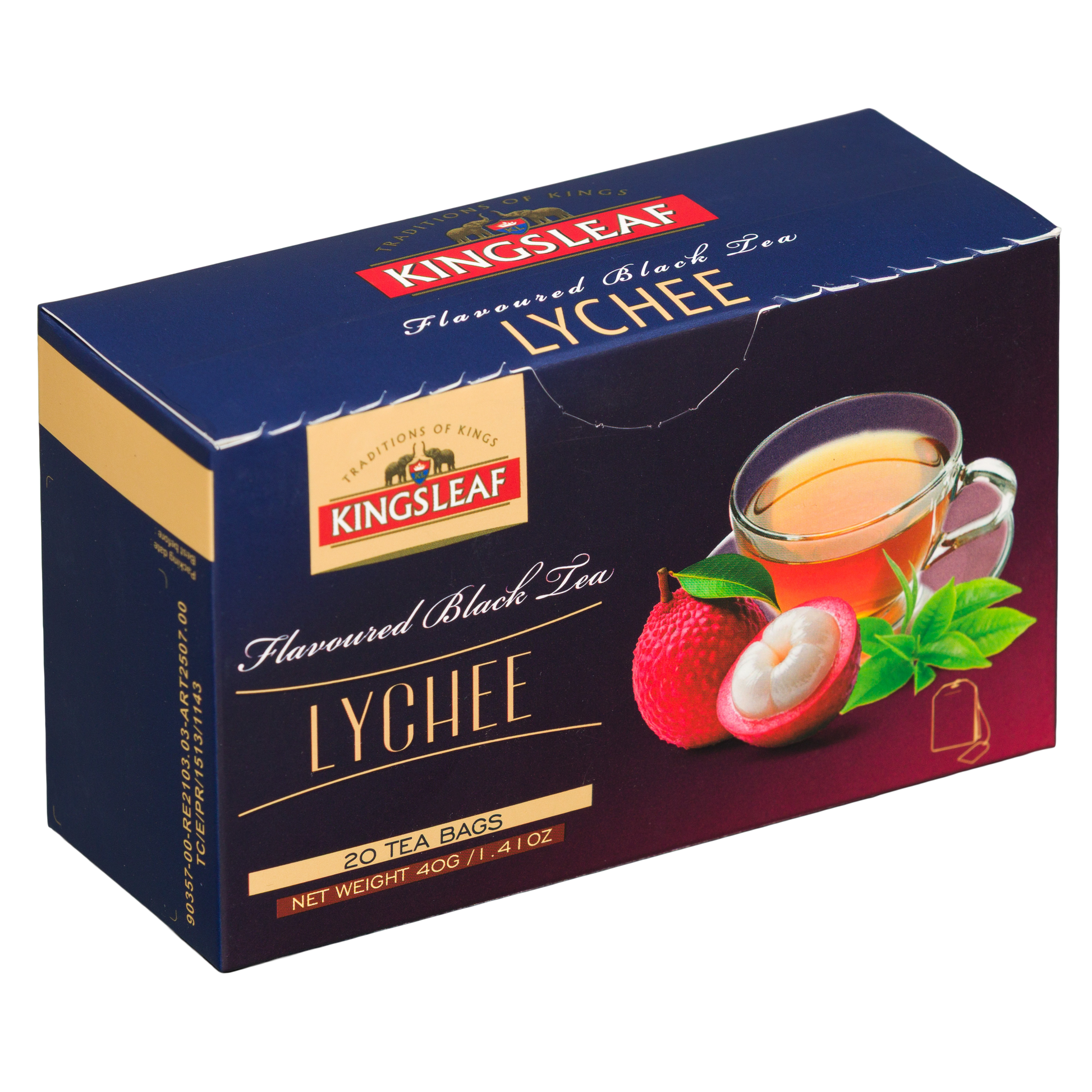 Czarna herbata Kingsleaf Lychee 20 saszetek w eleganckim kartoniku premium z owocową grafiką.