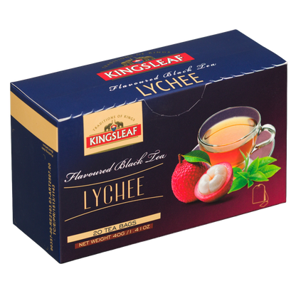 Czarna herbata Kingsleaf Lychee 20 saszetek w eleganckim kartoniku premium z owocową grafiką.
