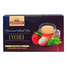Opakowanie Kingsleaf Lychee pod kątem, herbata smakowa z egzotycznym aromatem liczi.