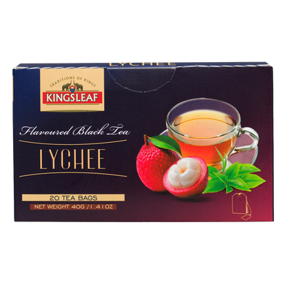 Opakowanie Kingsleaf Lychee pod kątem, herbata smakowa z egzotycznym aromatem liczi.