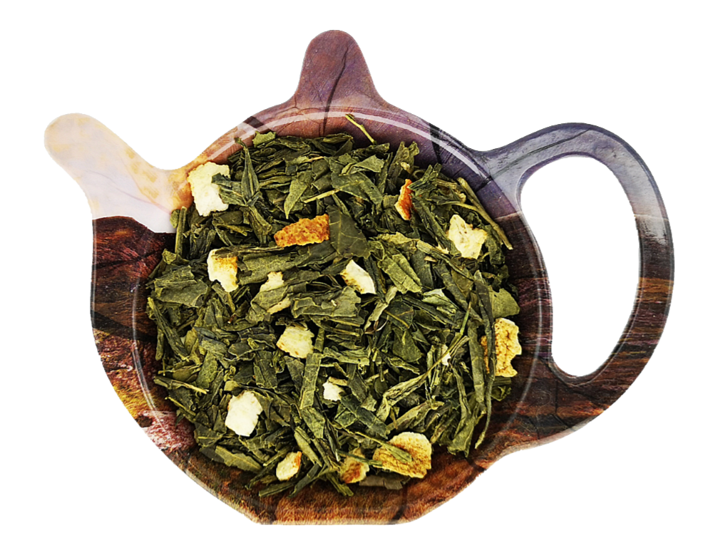 Zielona herbata Sencha Grapefruit z kawałkami grapefruita w naczyniu w kształcie czajniczka, aromatyczna mieszanka cytrusowa.