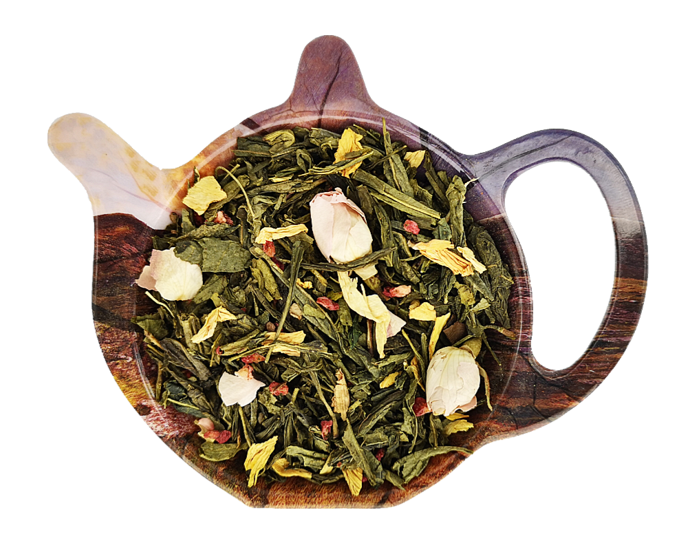 Zielona herbata Sencha W Stronę Słońca z maliną, pąkami róż i płatkami słonecznika w czajniczku, mieszanka o owocowym aromacie.