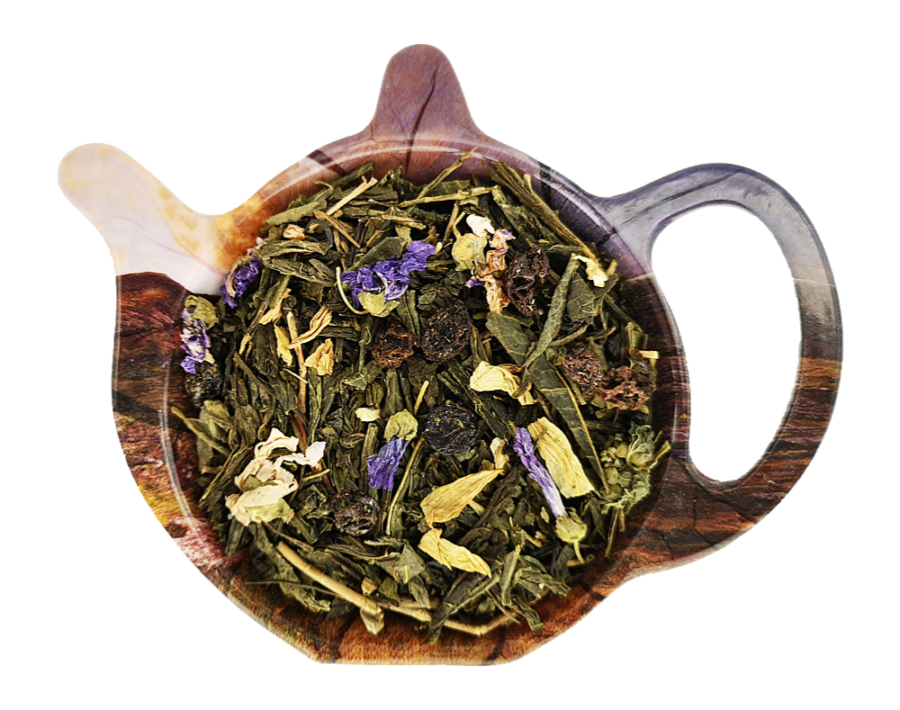 Zielona herbata Sencha Fruttato z rodzynkami, pąkami róż i płatkami malwy oraz słonecznika w czajniczku, mieszanka o owocowym aromacie.