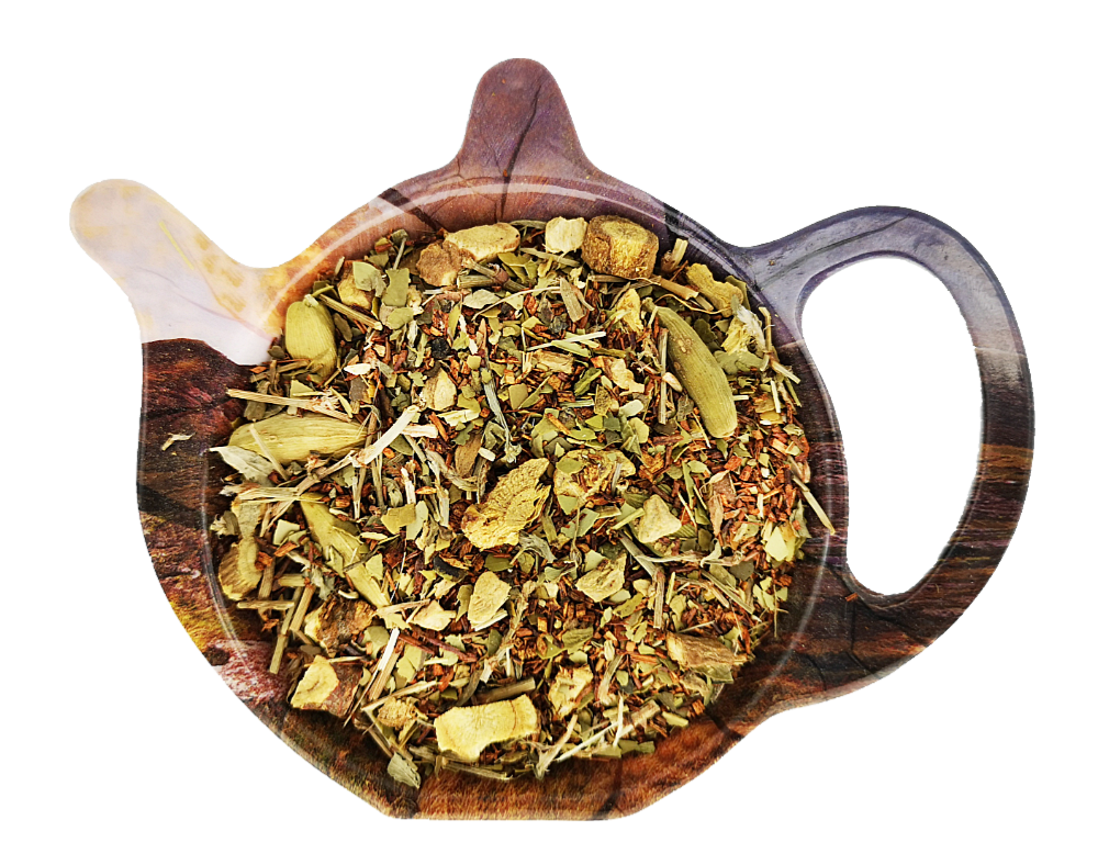 Susz ziołowy Rooibos Smukła Sylwetka z imbirem, yerba mate, lukrecją i kardamonem w czajniczku, mieszanka wspierająca lekkość i energię.