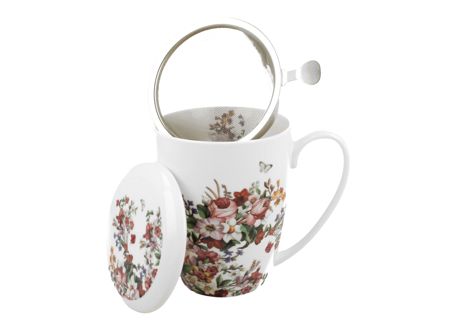 Kubek porcelanowy Vintage Flowers White z metalowym zaparzaczem i porcelanową pokrywką, dekorowany kwiatami.