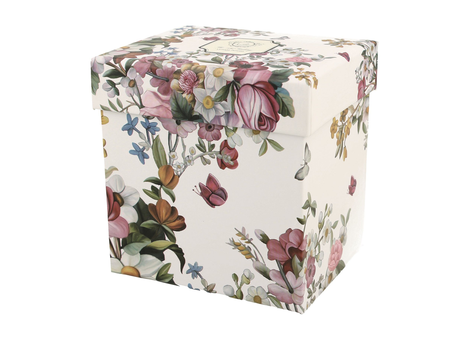 Ozdobne kwiatowe pudełko prezentowe w stylu vintage, w którym zapakowany jest kubek z zaparzaczem Vintage Flowers White.