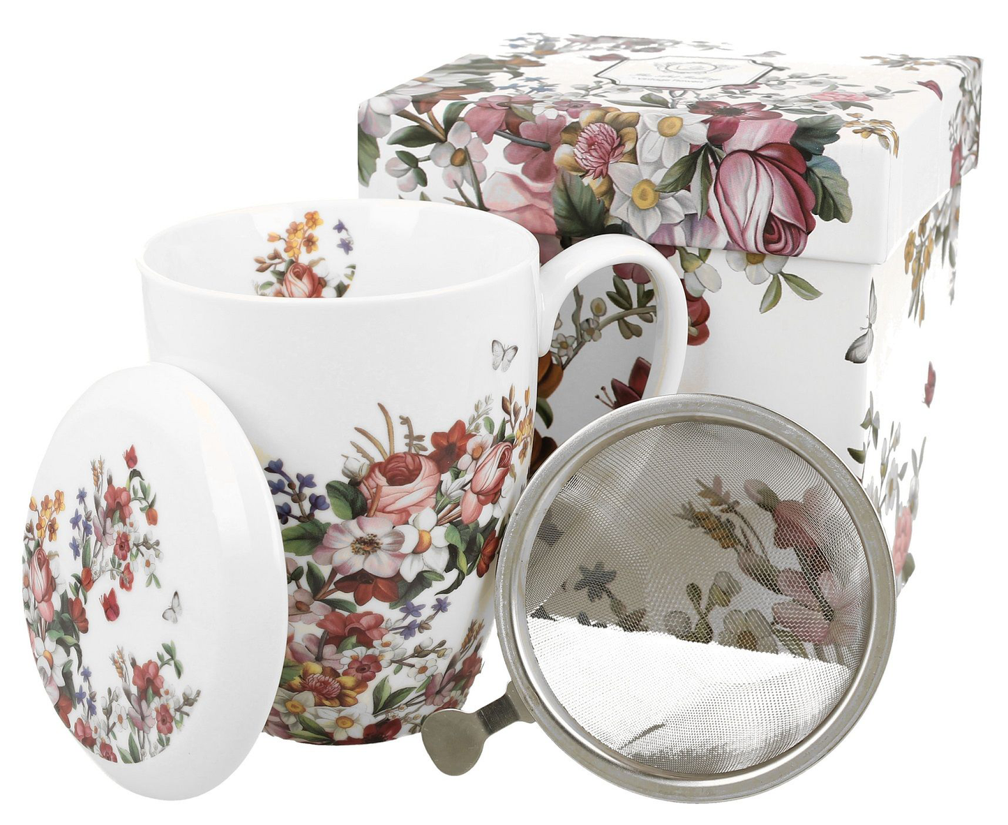 Zestaw porcelanowy Vintage Flowers White – kubek 380 ml z zaparzaczem, pokrywką i ozdobnym pudełkiem.