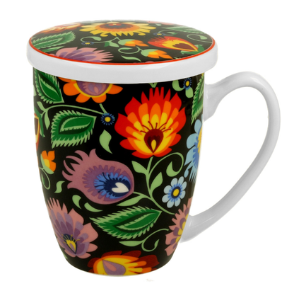 Kubek porcelanowy Etnic z dopasowaną przykrywką, ozdobiony barwnymi etnicznymi kwiatami.
