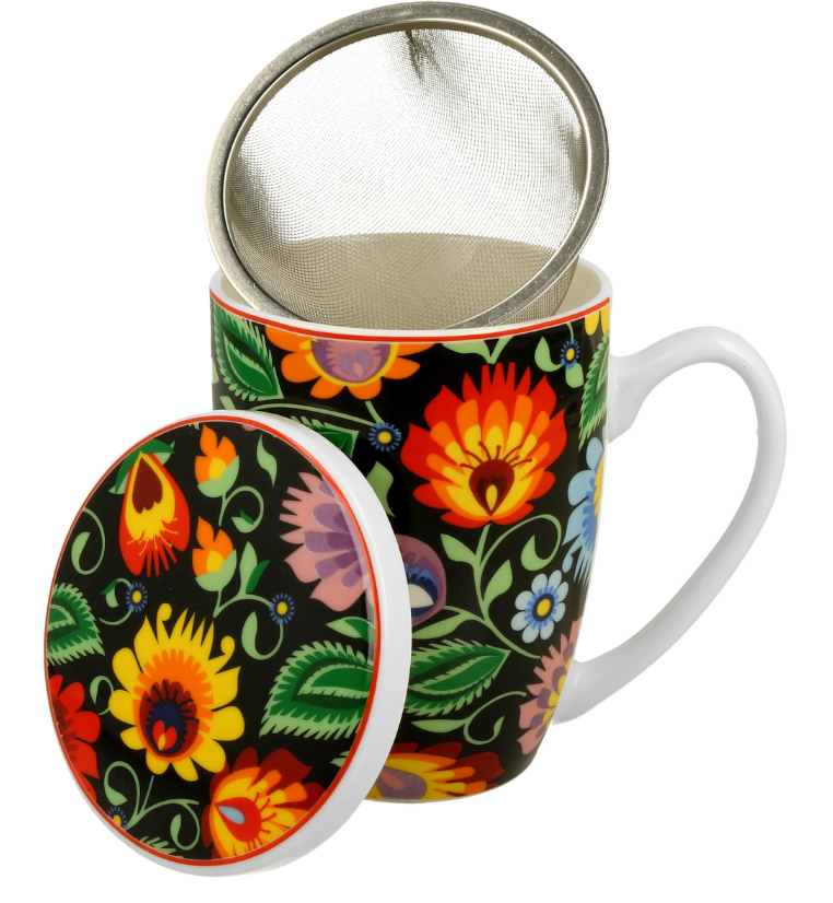 Porcelanowy kubek Etnic 380 ml z zaparzaczem, przykrywką i pudełkiem w kwiatowy wzór.