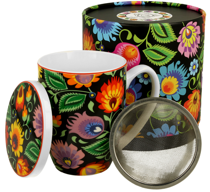 Zestaw: kubek Etnic z zaparzaczem i pokrywką, ozdobiony kwiatami, z eleganckim pudełkiem.