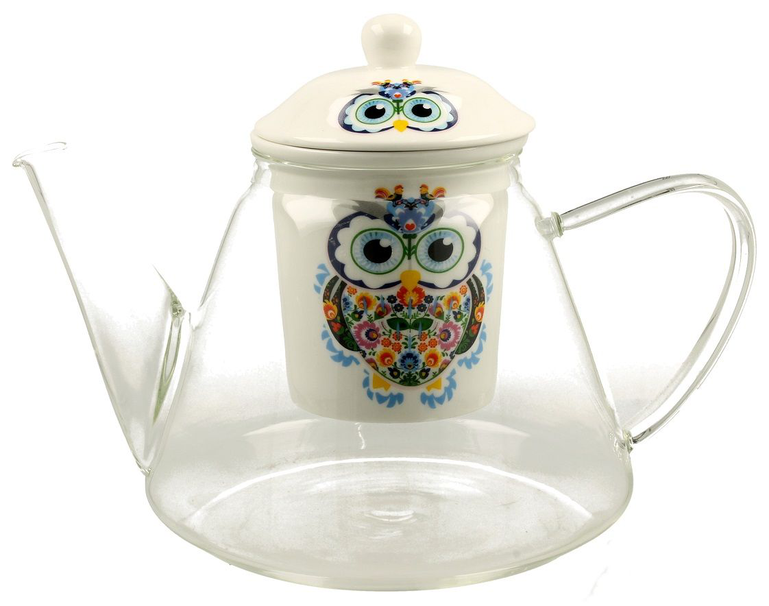 Zestaw: szklany dzbanek z porcelanowym zaparzaczem i pudełkiem ozdobionym wzorem sowy.