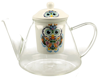 Zestaw: szklany dzbanek z porcelanowym zaparzaczem i pudełkiem ozdobionym wzorem sowy.