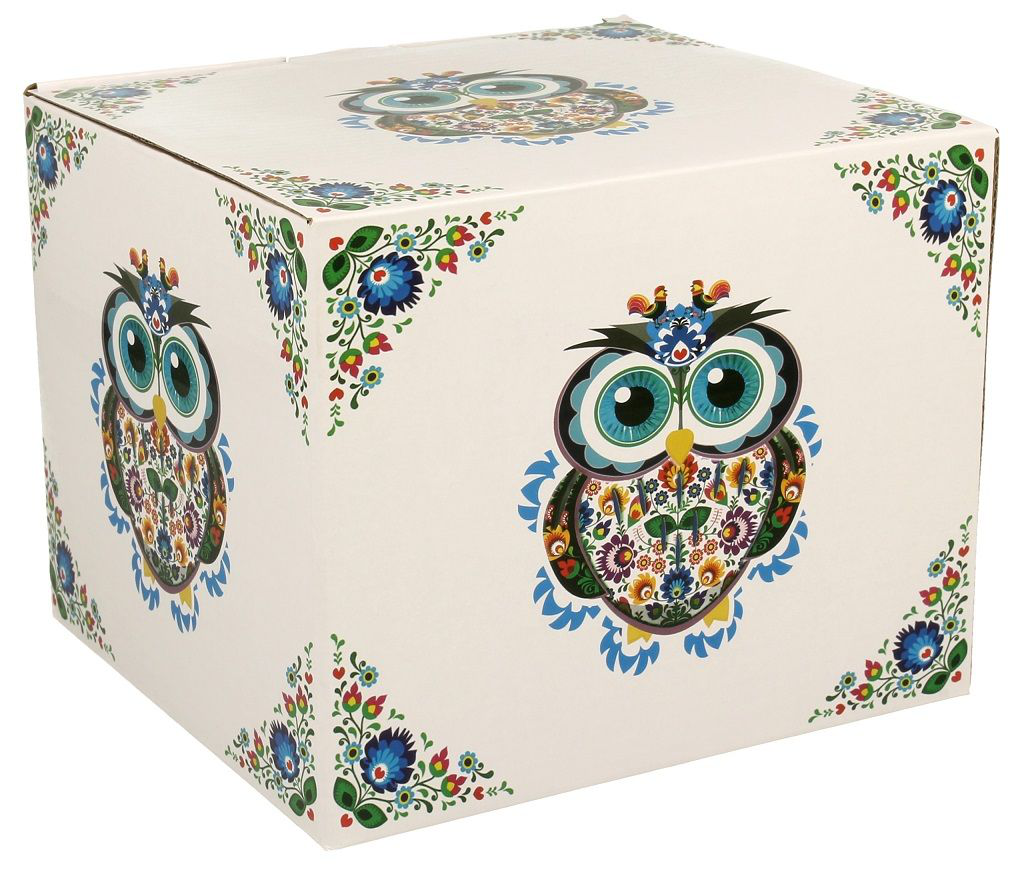 Kolorowe pudełko z motywem sowy etno, opakowanie szklanego dzbanka z zaparzaczem.