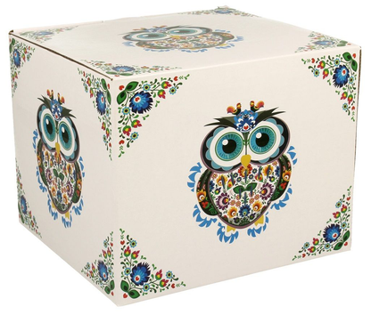 Kolorowe pudełko z motywem sowy etno, opakowanie szklanego dzbanka z zaparzaczem.