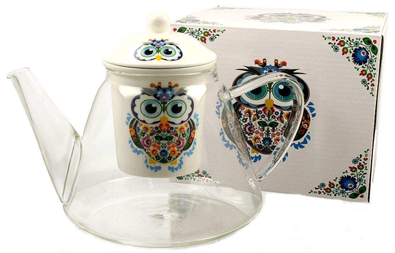 Szklany dzbanek 1200 ml z porcelanowym zaparzaczem zdobionym motywem sowy etno.