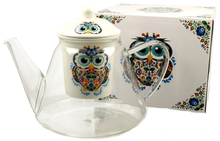 Szklany dzbanek 1200 ml z porcelanowym zaparzaczem zdobionym motywem sowy etno.