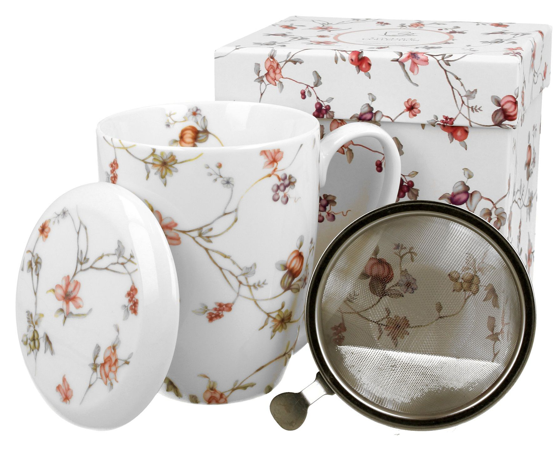 Elegancki kubek Safa 380 ml z kwiatowym motywem i pokrywką z porcelany.