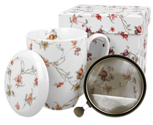 Elegancki kubek Safa 380 ml z kwiatowym motywem i pokrywką z porcelany.