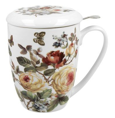 Kubek Zahra 380 ml z pokrywką, ozdobiony kwiatowym motywem róż i motyli.