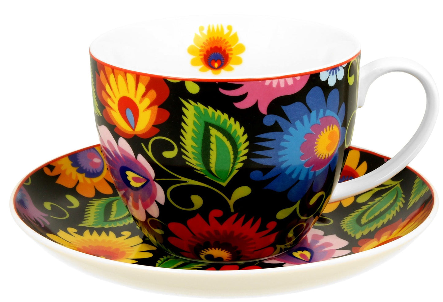 Porcelanowa filiżanka ze spodkiem o pojemności 450 ml w kolorowe wzory folkowe.
