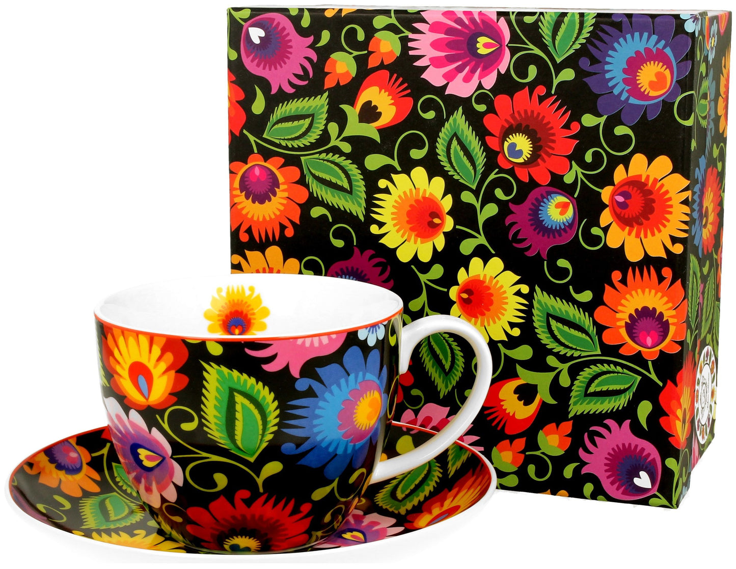 Filiżanka porcelanowa Etnic ze spodkiem ustawiona obok ozdobnego pudełka w tym samym wzorze.