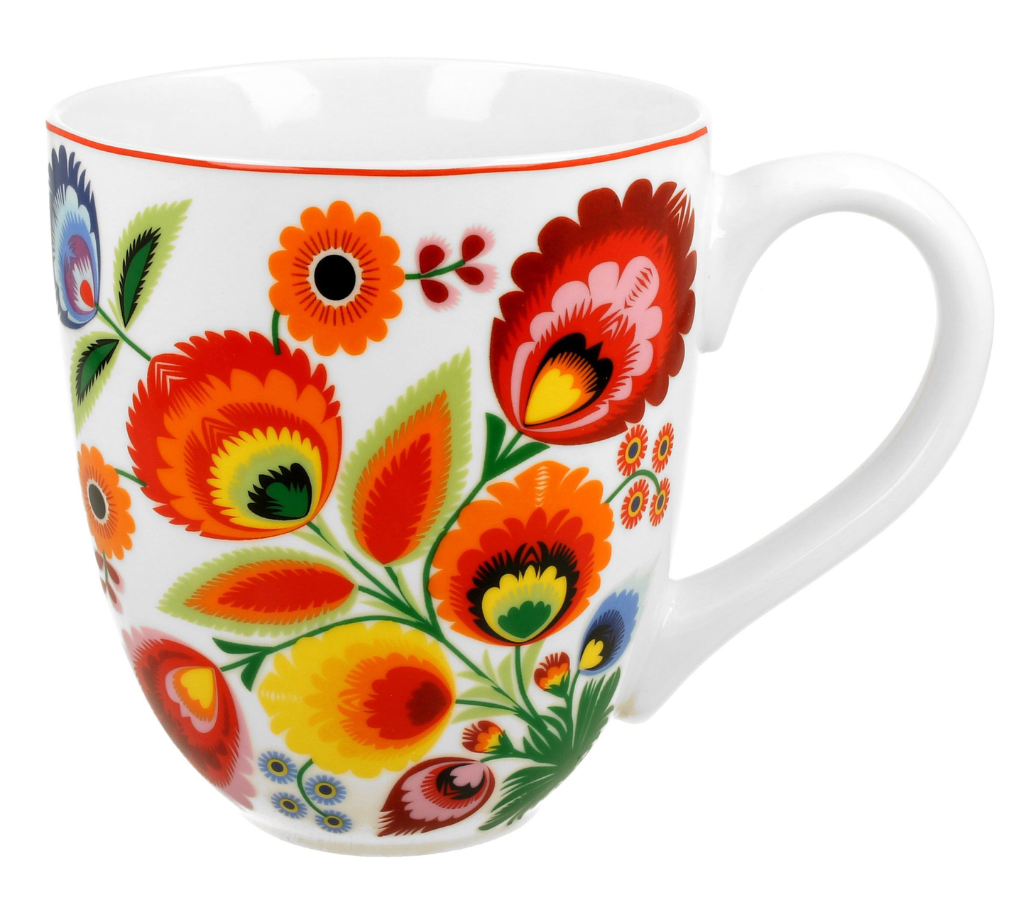 Duży porcelanowy kubek 1000 ml z kolorowym, łowickim motywem kwiatowym na białym tle.