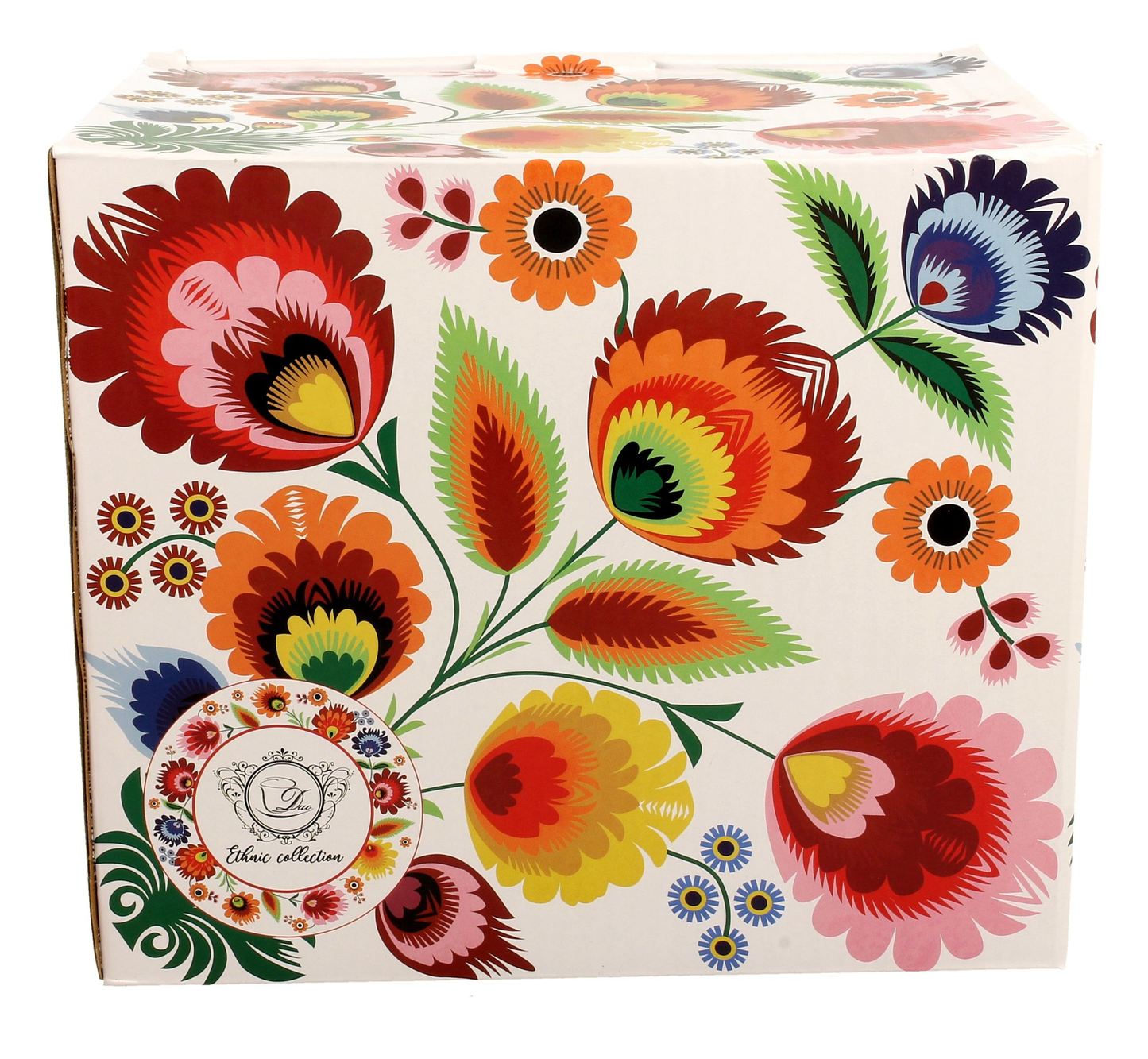 Pudełko porcelanowego kubka XXL Łowicz 1000 ml ozdobione ludowym wzorem kwiatowym.