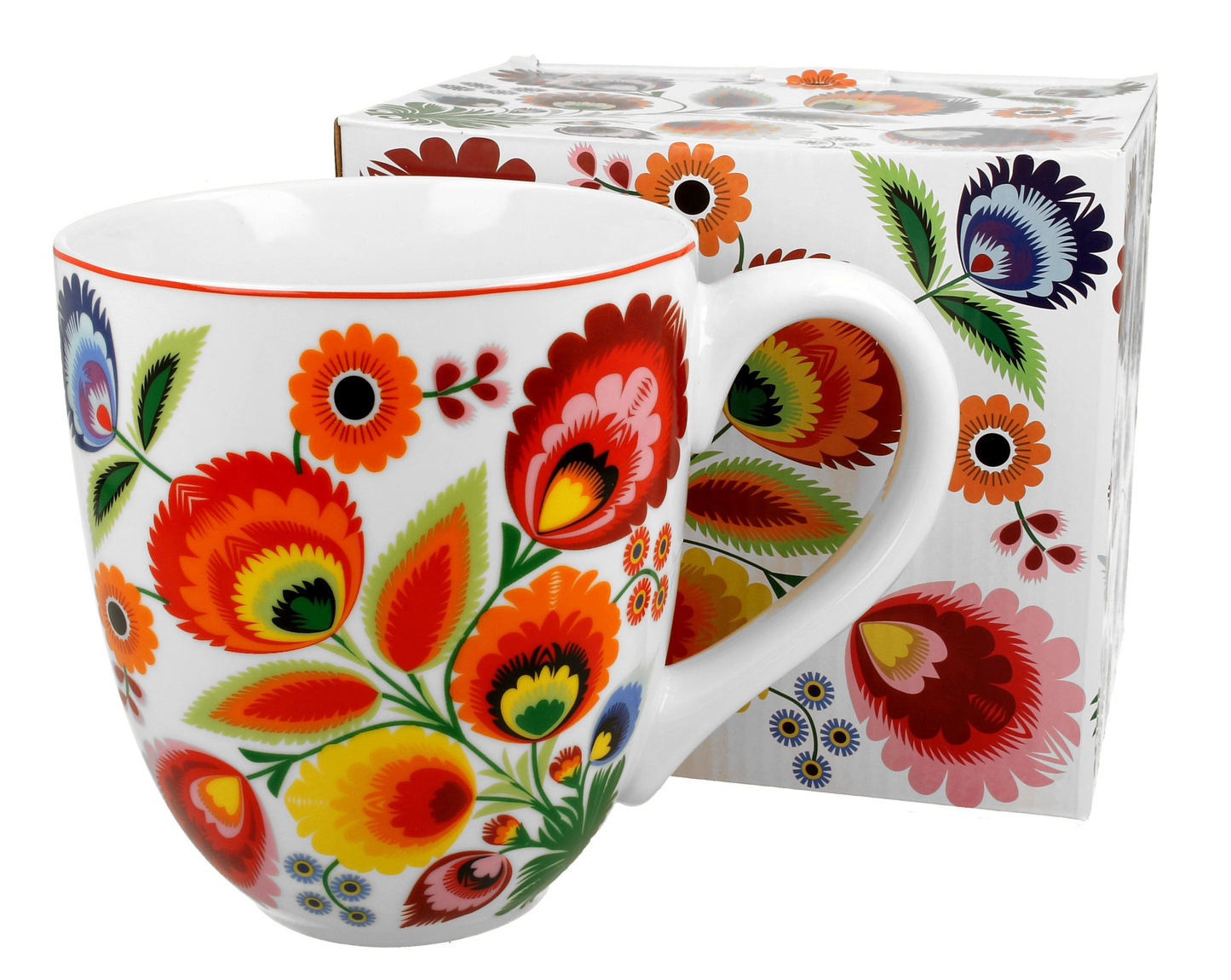 Kubek porcelanowy XXL Łowicz 1000 ml wraz z ozdobnym pudełkiem w tradycyjne wzory ludowe.