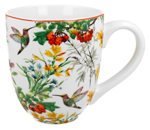 Duży kubek porcelanowy 1000 ml Linnea z ilustracją kolibrów i roślin – widok z przodu.